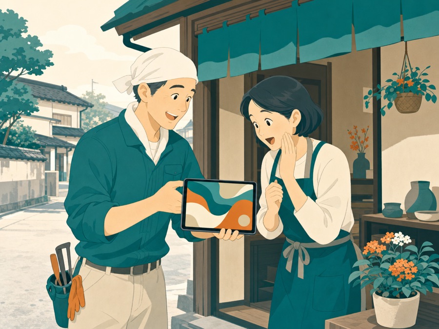 店先でタブレットの動画を見せているイラスト