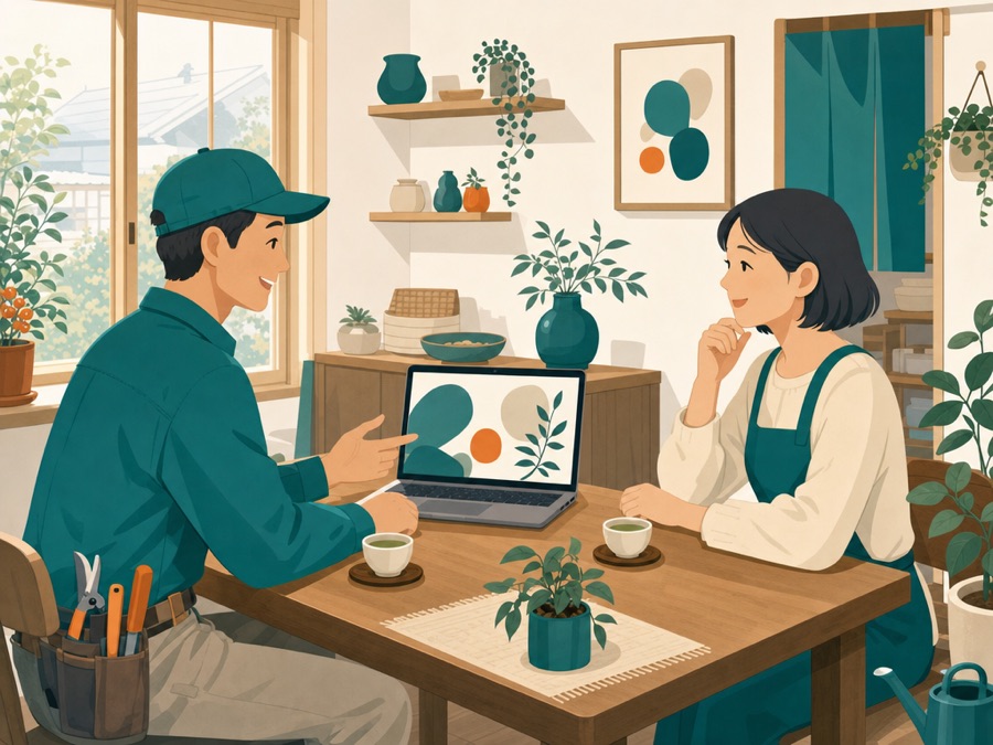 お茶を飲みながら相談しているイラスト
