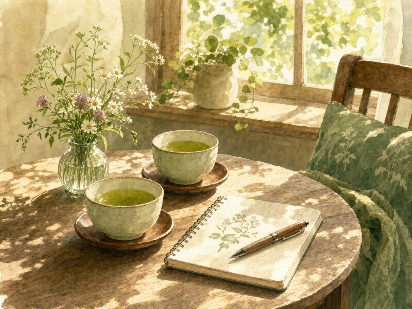 窓辺のお茶と手帳の水彩イラスト