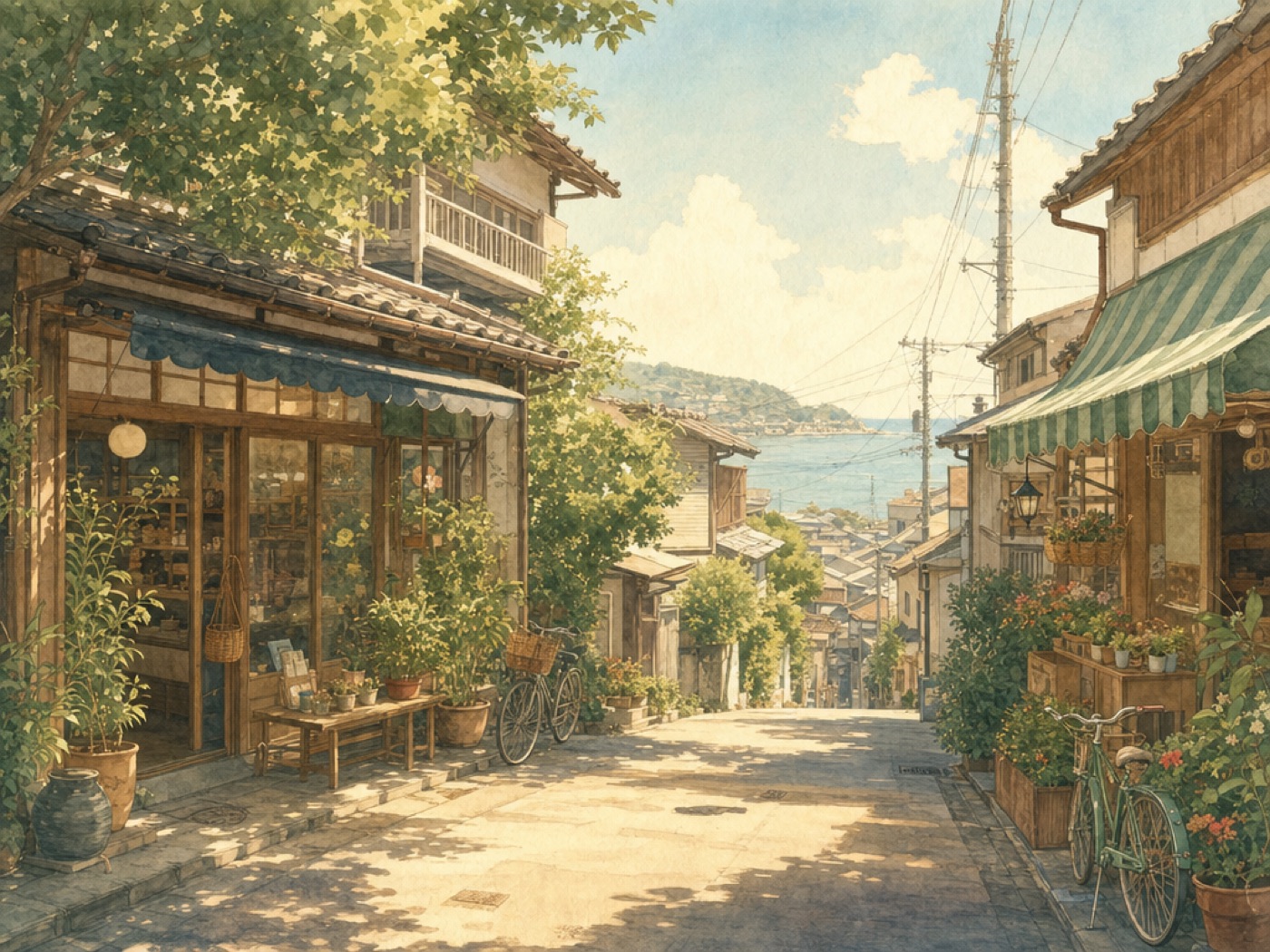 海辺の町並みの水彩イラスト